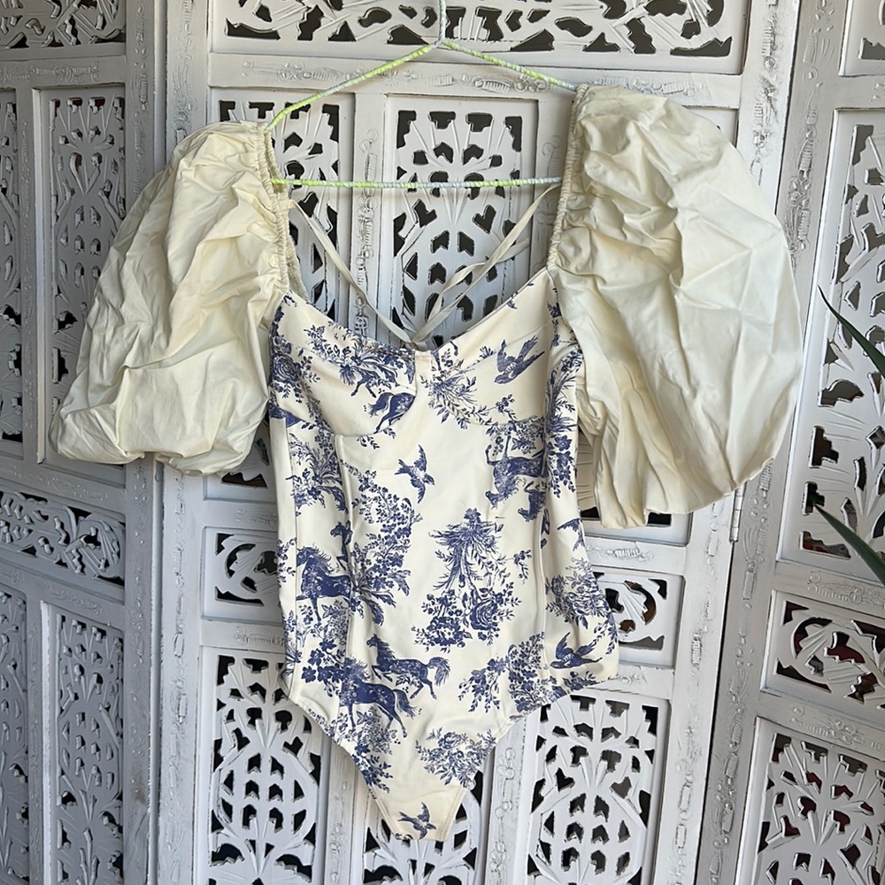 Free people graphic puff sleeve leotard